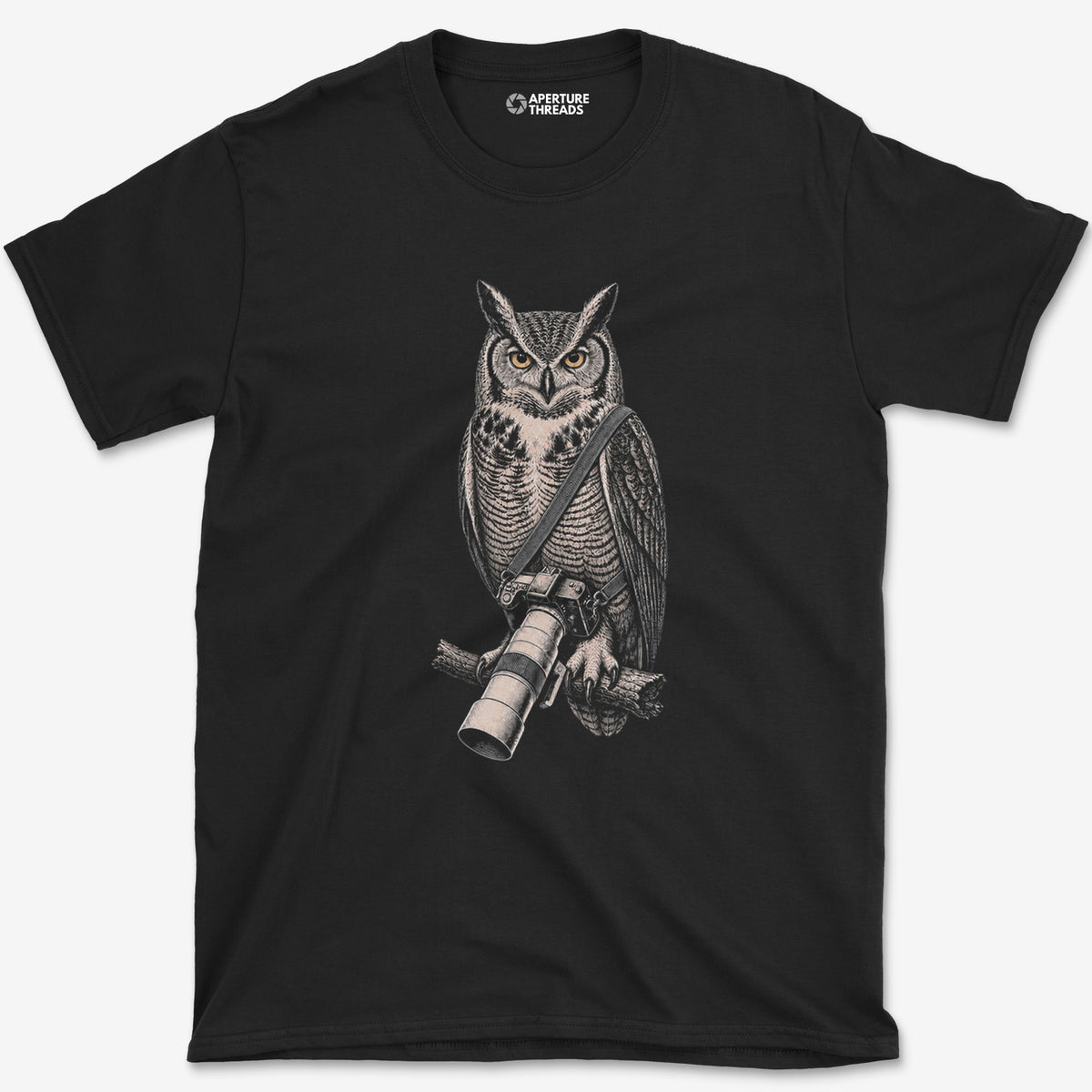 Long Lens Great Horned Owl T-Shirt — black