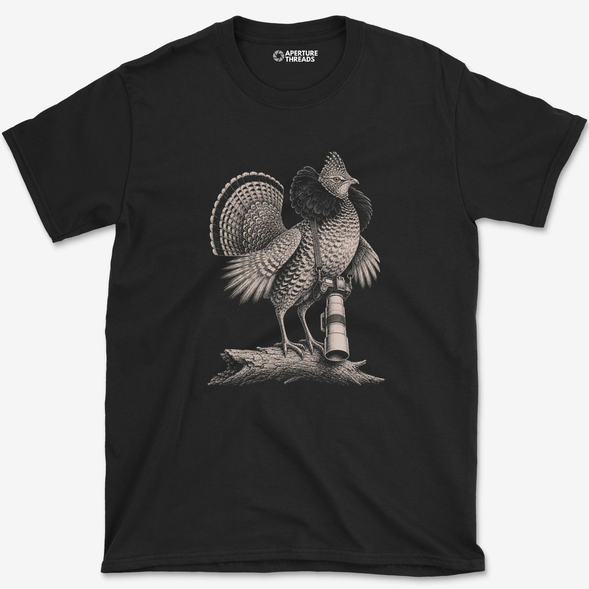 Long Lens Ruffed Grouse T-Shirt — black