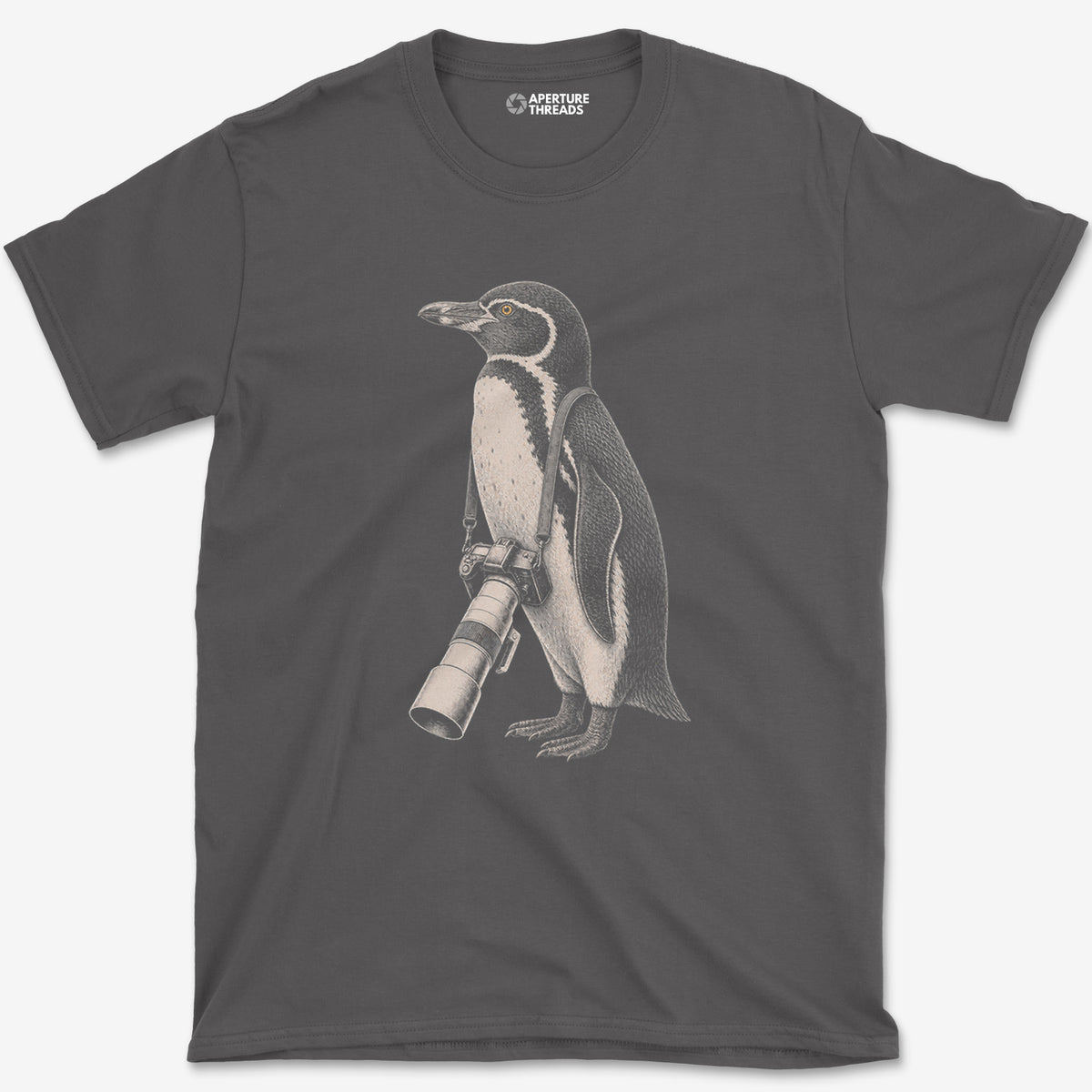Long Lens Galapagos Penguin T-Shirt — charcoal