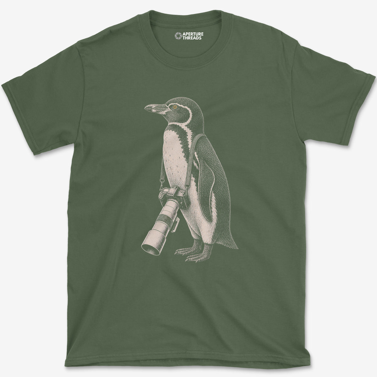 Long Lens Galapagos Penguin T-Shirt — military green