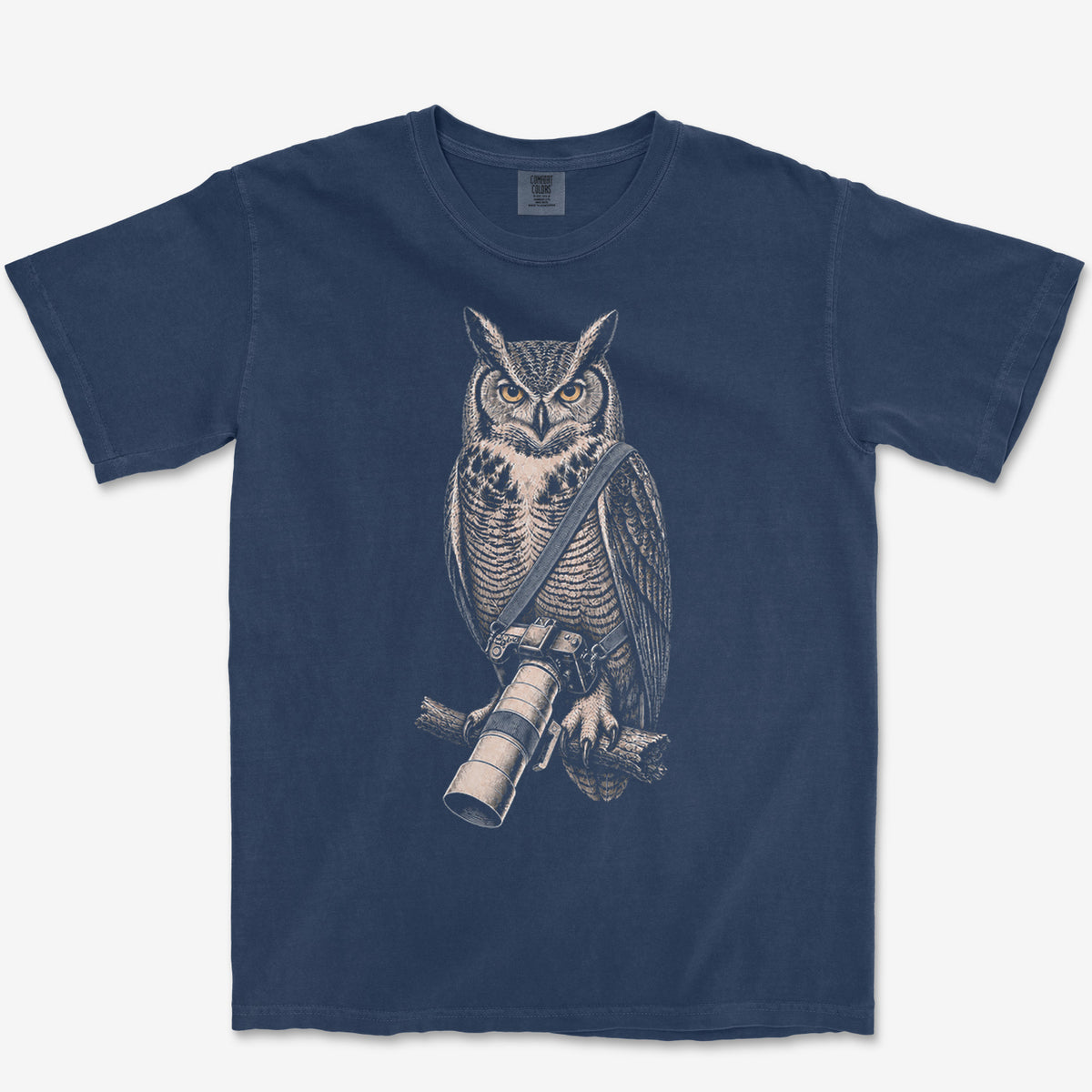 Long Lens Great Horned Owl Heavyweight Tee — true navy