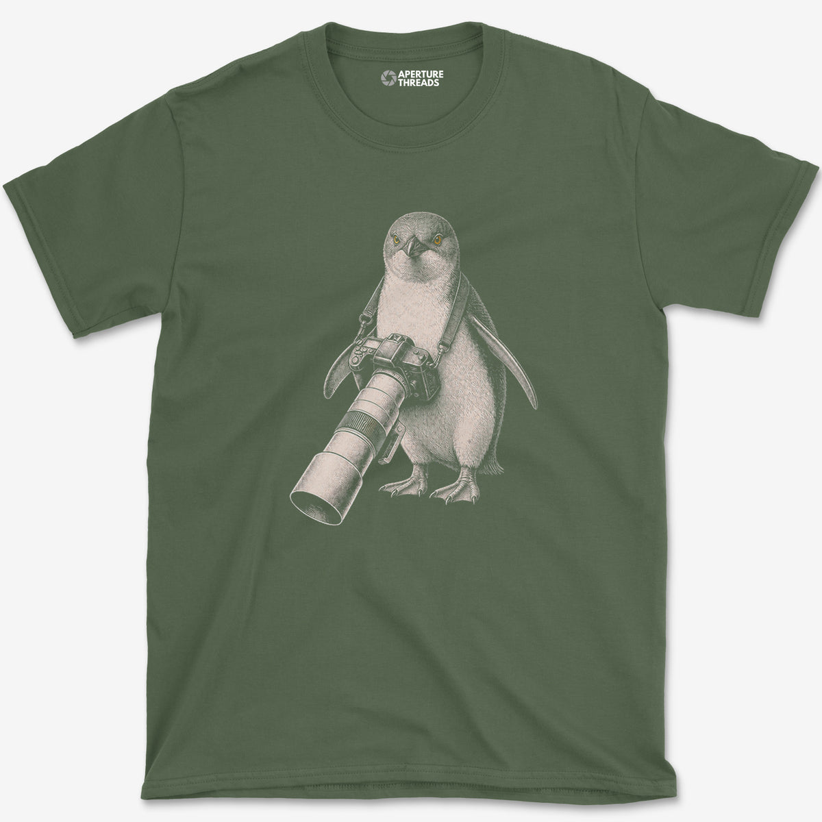 Long Lens Little Penguin T-Shirt — military green