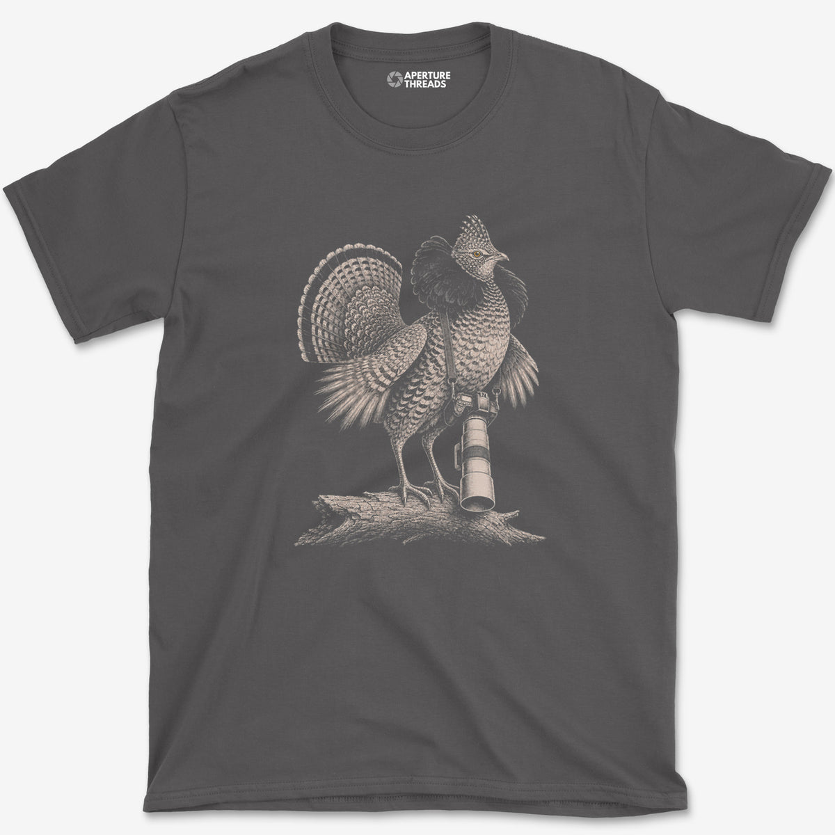 Long Lens Ruffed Grouse T-Shirt — charcoal