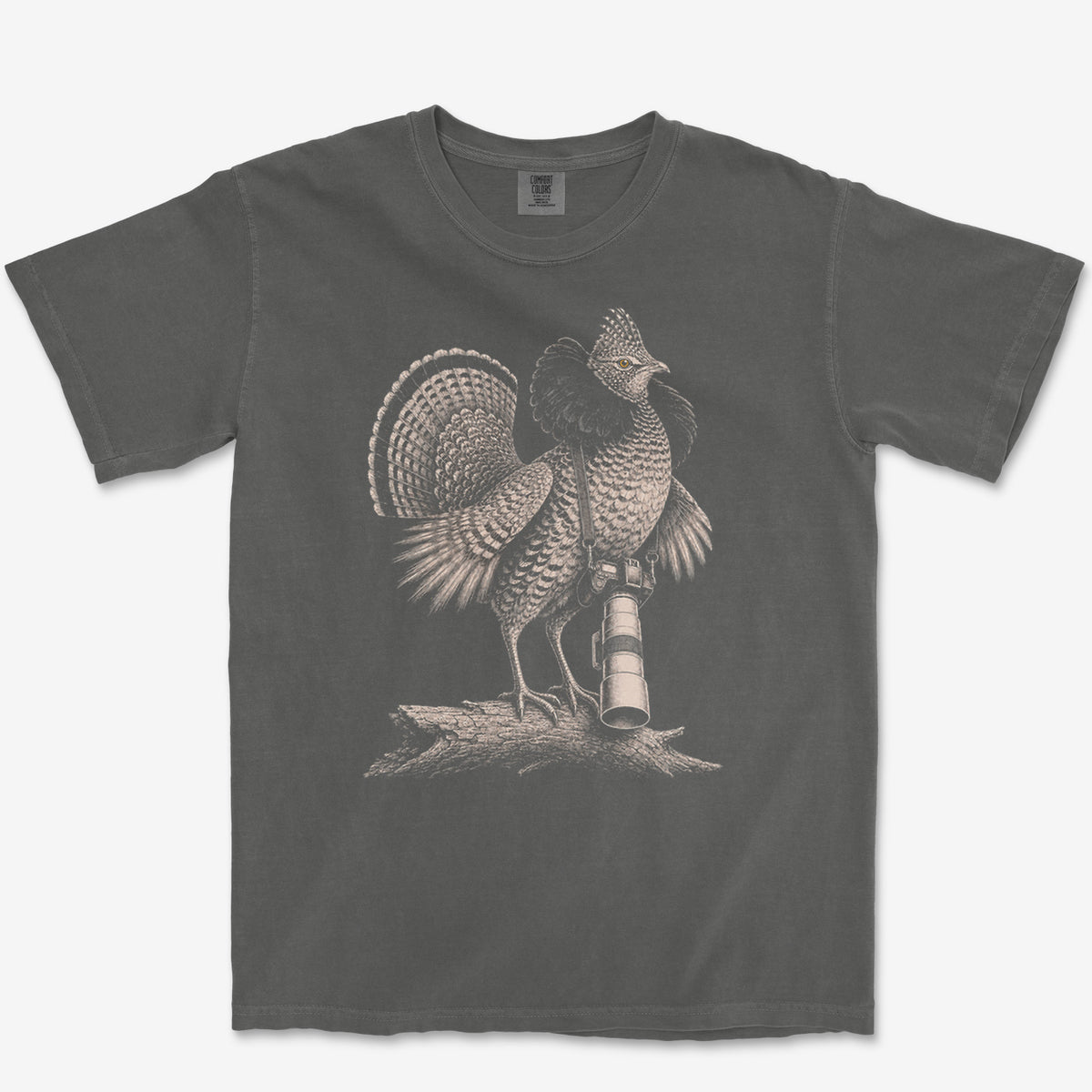 Long Lens Ruffed Grouse Tee — pepper