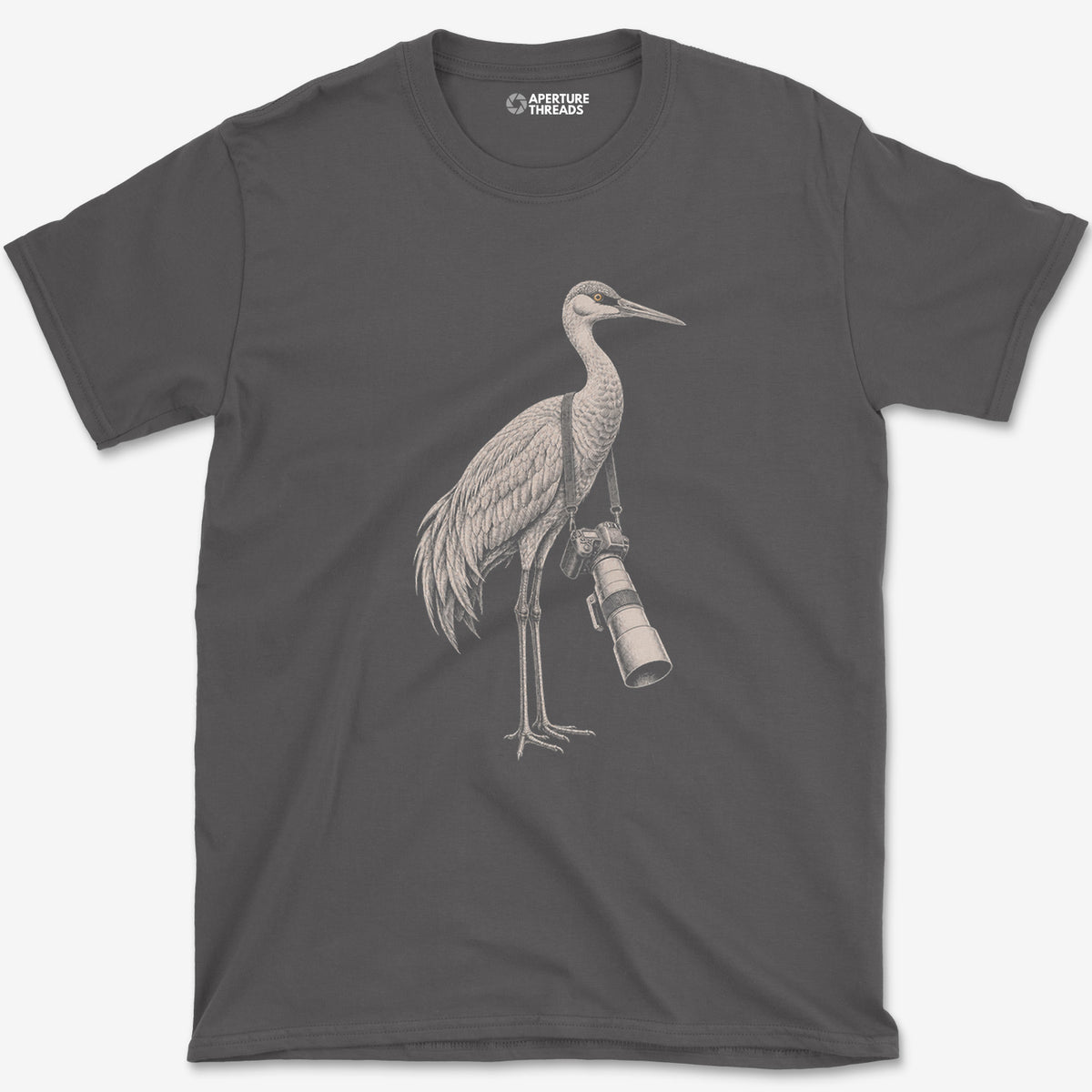 Long Lens Sandhill Crane T-Shirt — charcoal