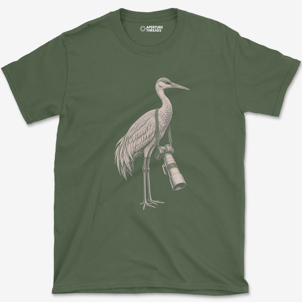Long Lens Sandhill Crane T-Shirt — military green