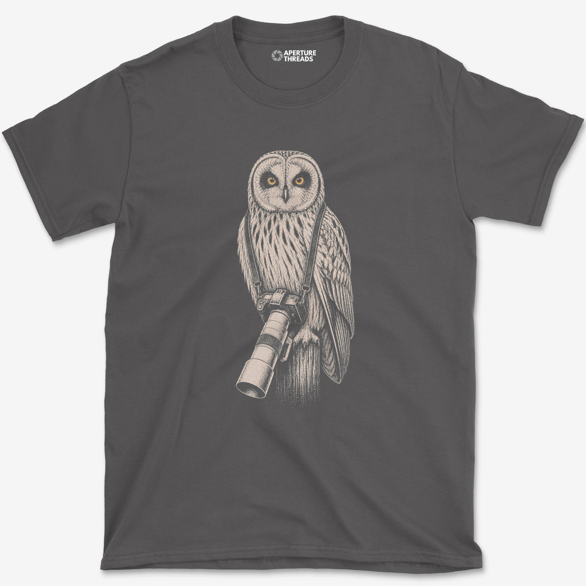 Long Lens Short-eared Owl T-Shirt — charcoal