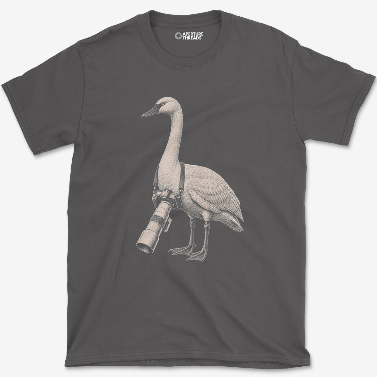 Long Lens Trumpeter Swan T-Shirt — charcoal