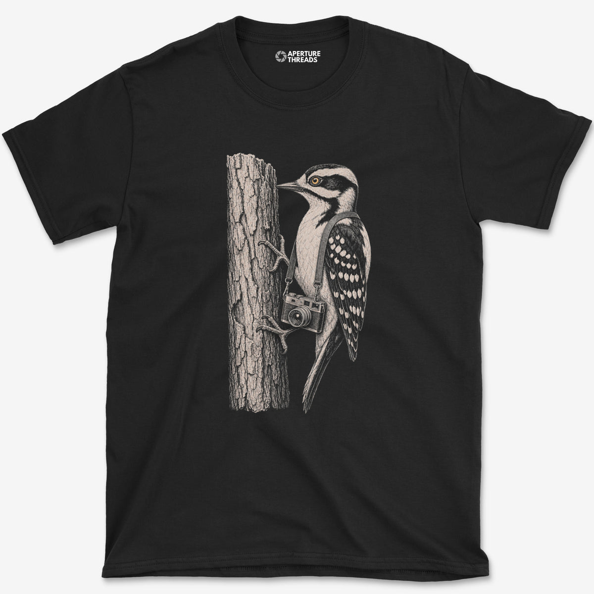 Rangefinder Downy Woodpecker T-Shirt — black