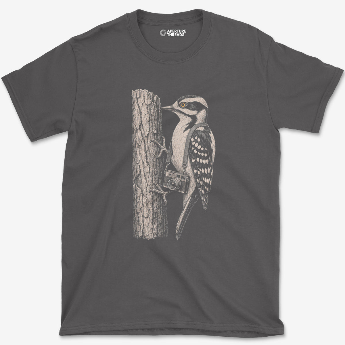Rangefinder Downy Woodpecker T-Shirt — charcoal