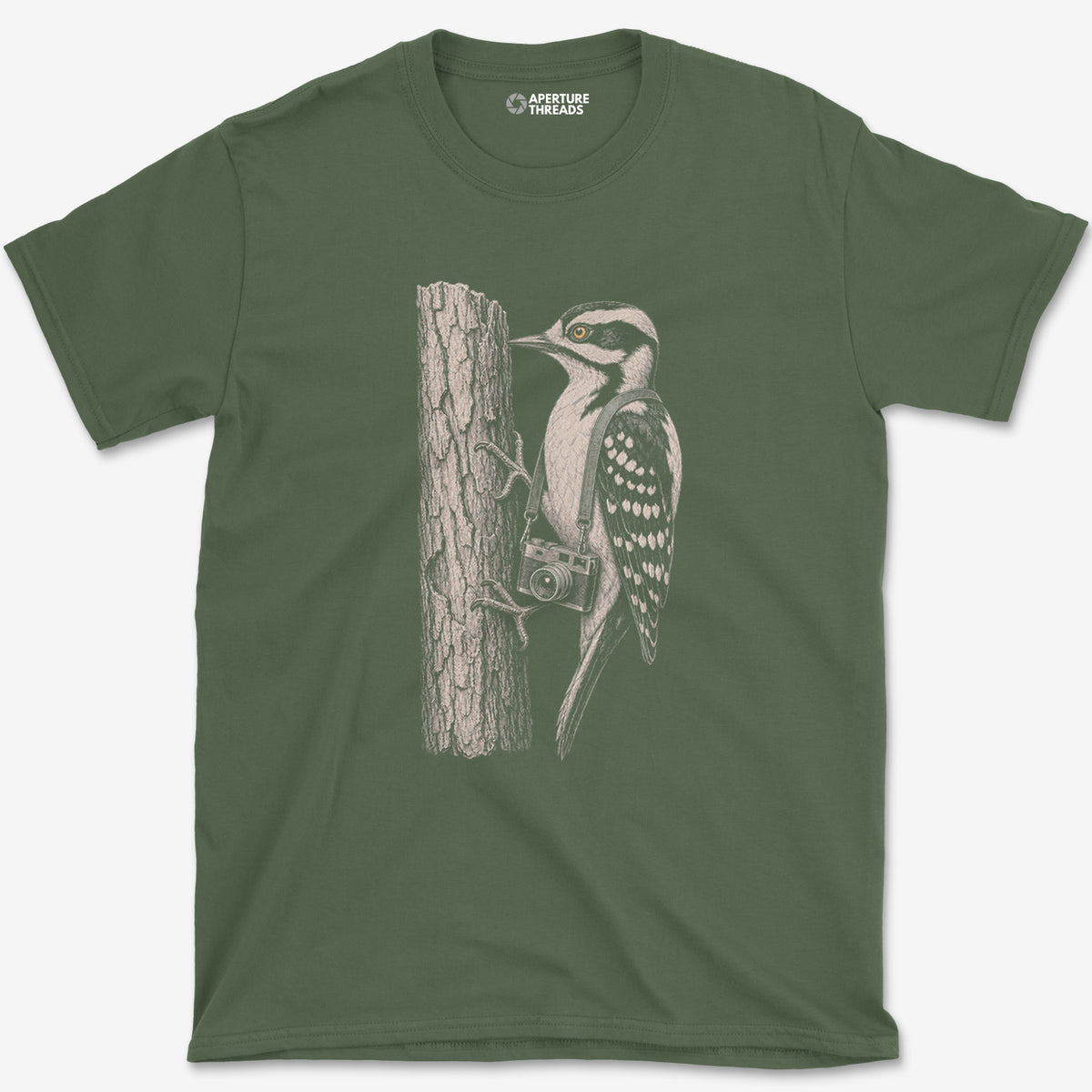 Rangefinder Downy Woodpecker T-Shirt — military green