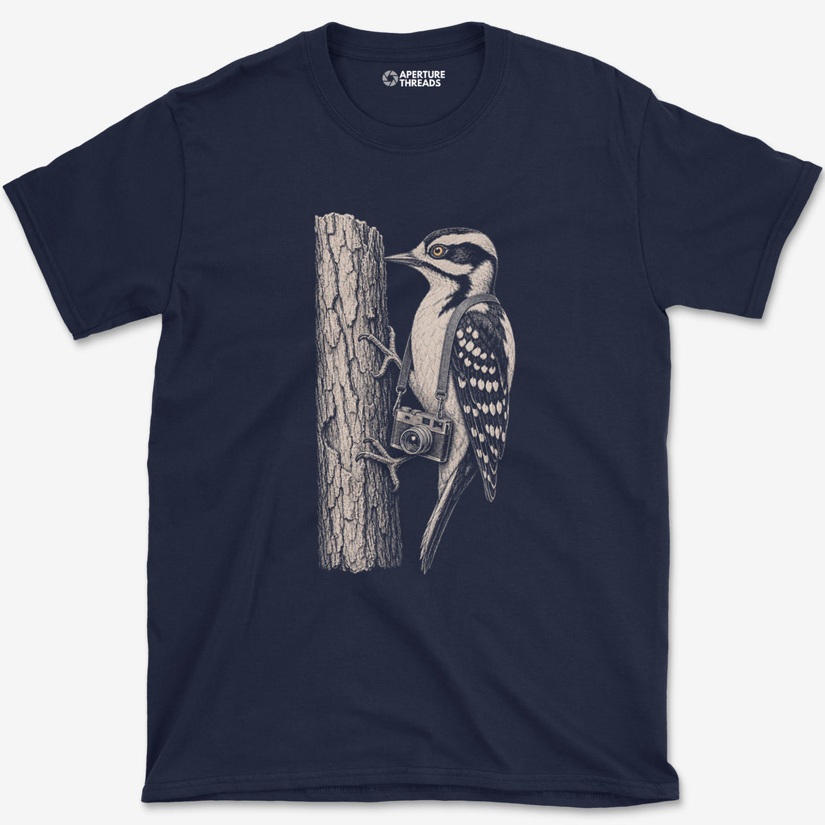 Rangefinder Downy Woodpecker T-Shirt — navy